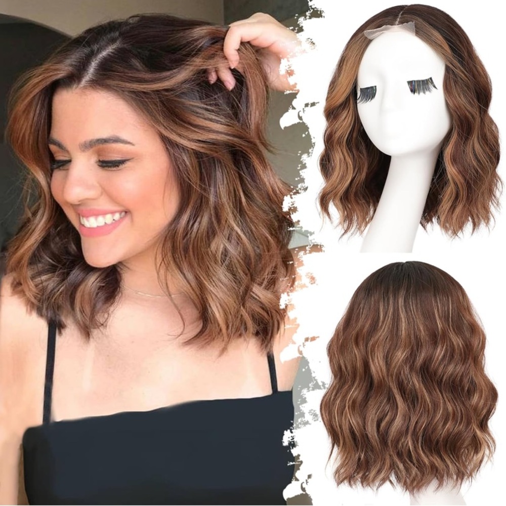 Brown Highlight Short Wavy Wig for Women Lace Synthetic Heat Resistant  14 Inch
